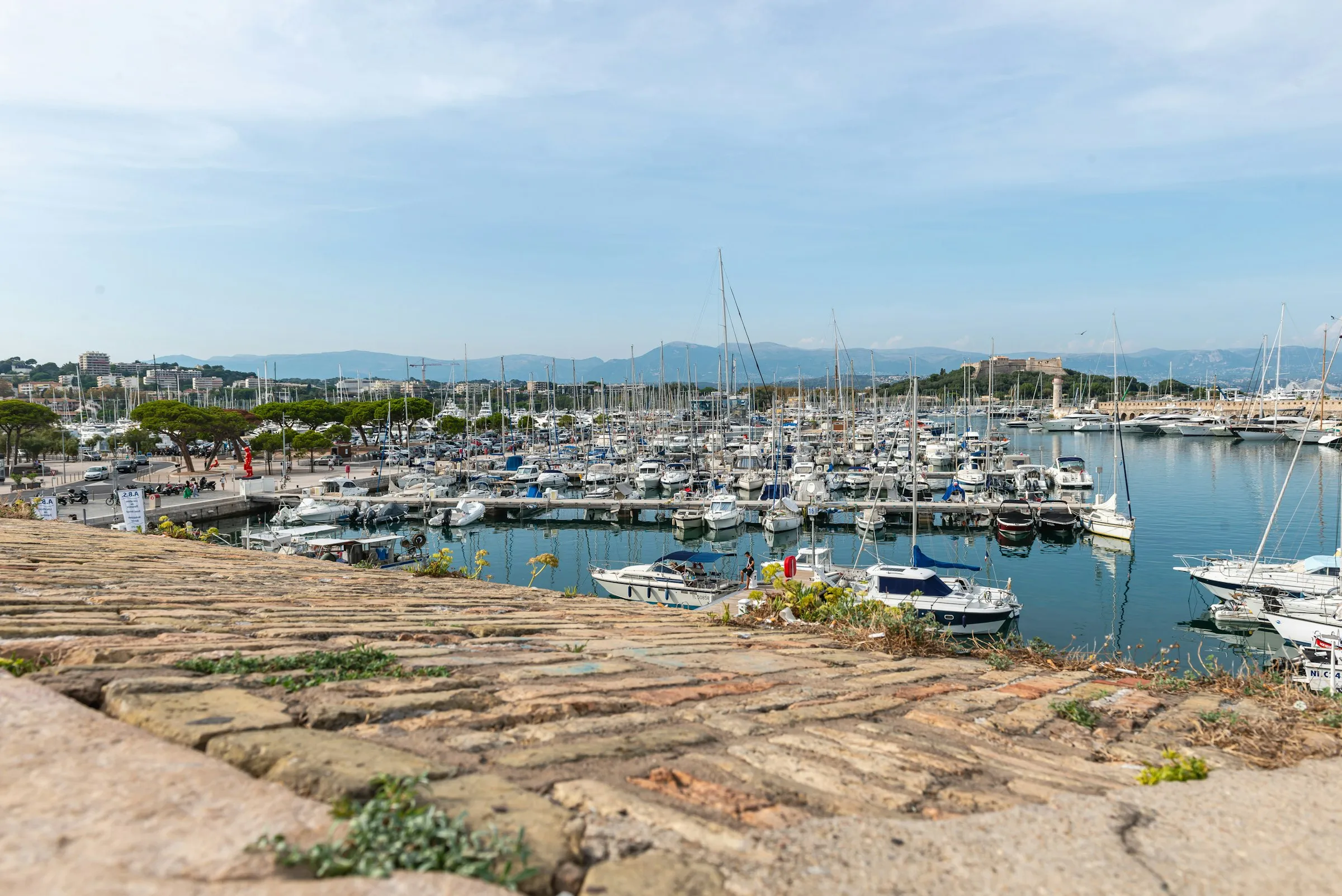 View from the Antibes ramparts over Port Vauban marina packed with yachts and sailboats, the star-shaped Fort Carre on its green headland and hazy coastal mountains behind under a bright sky.
