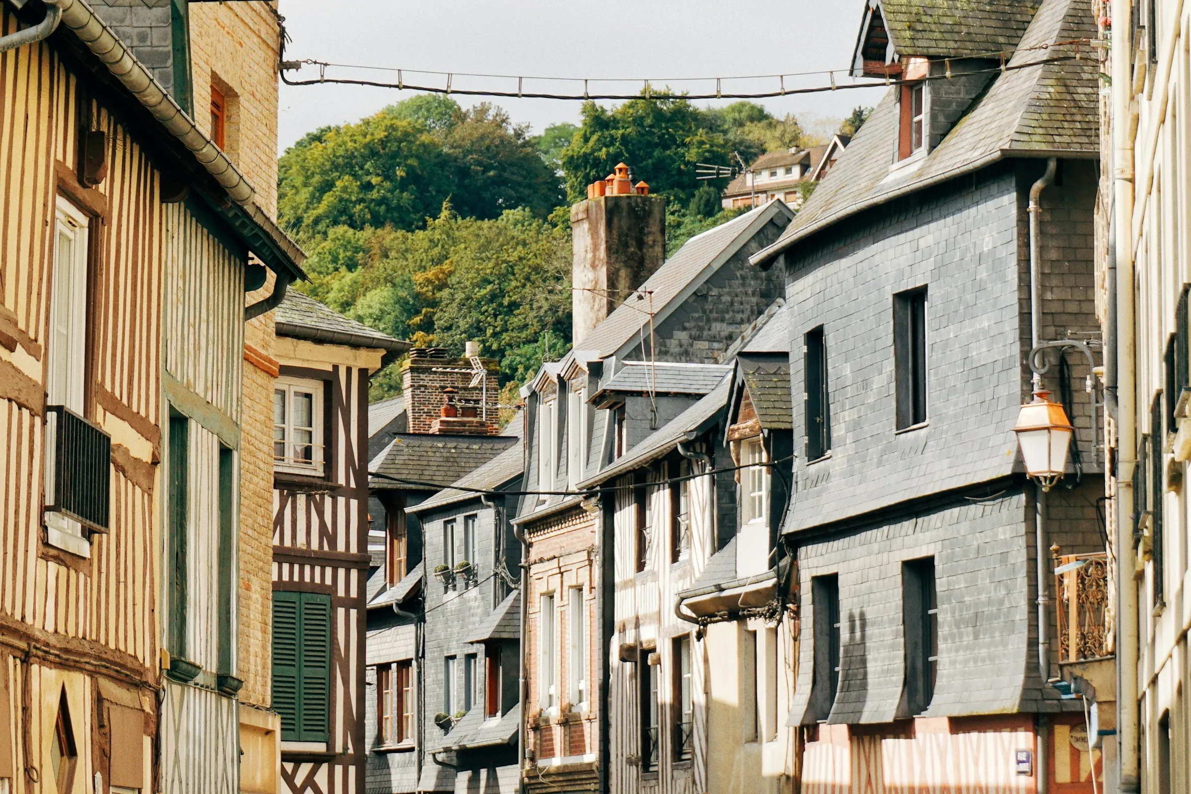 A cluster of Honfleur's characteristic slate-clad and half-timbered houses stepping up the wooded hillside of the old town, lit by warm afternoon sun