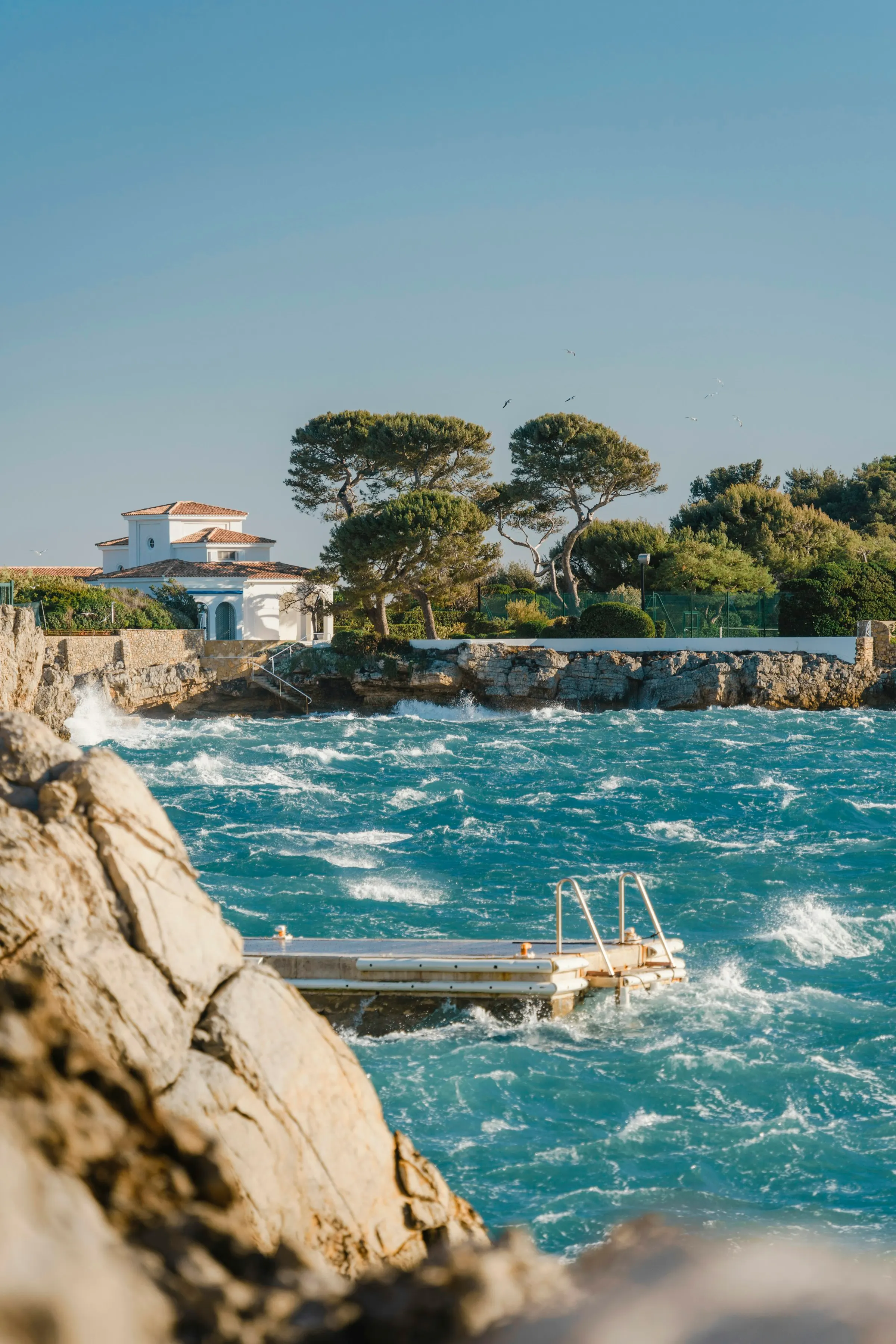 Rocky Cap d'Antibes shoreline in warm evening light: a white Mediterranean villa framed by umbrella pines above limestone rocks, with a small swimming pontoon set against choppy turquoise sea.
