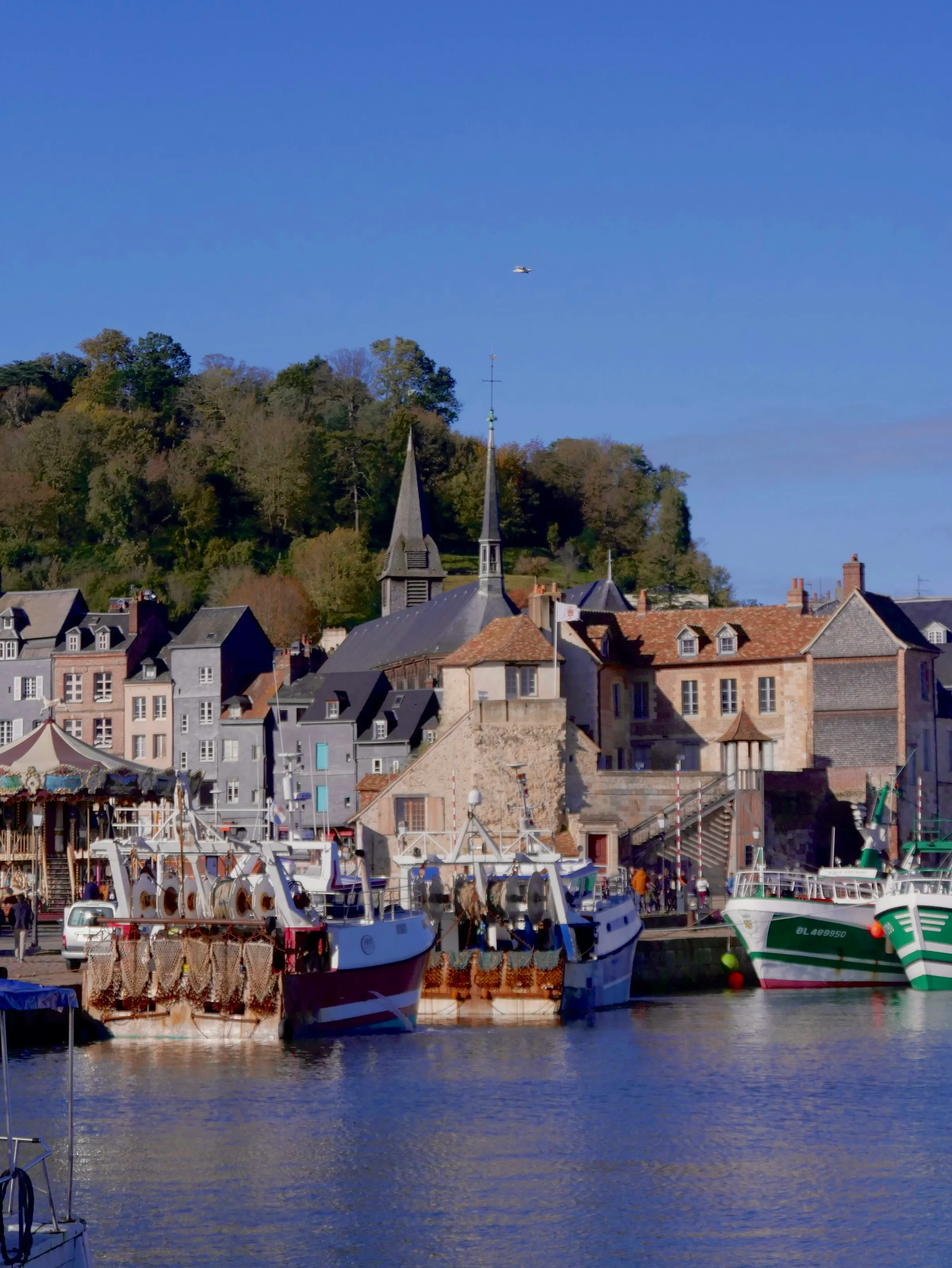 Honfleur's working fishing harbour, with green-and-white trawlers moored below the town's slate-spired Sainte-Catherine bell tower and a wooded hillside under a clear blue sky