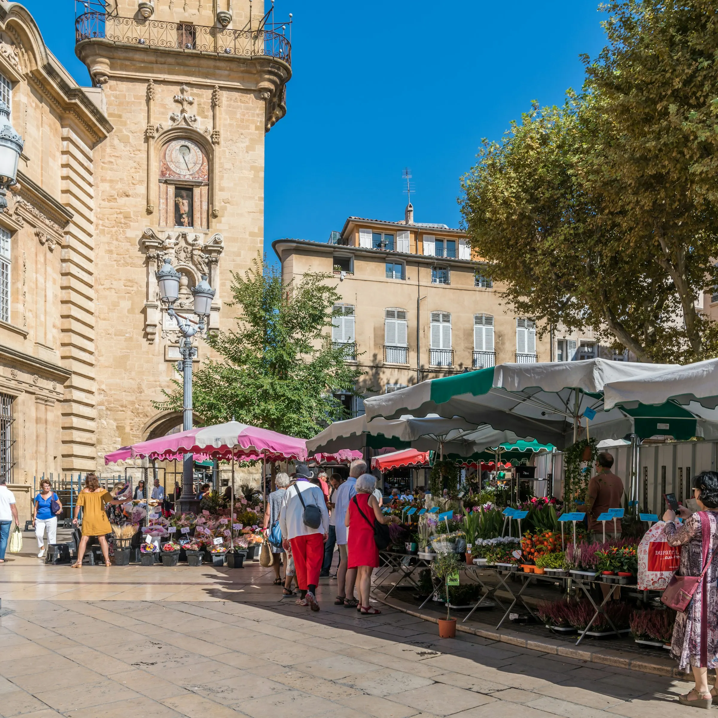 The flower market on Place de l'Hotel de Ville in Aix-en-Provence, with shoppers browsing bouquets under pink and green striped awnings beside the town's ornate stone clock tower under a clear blue sky.