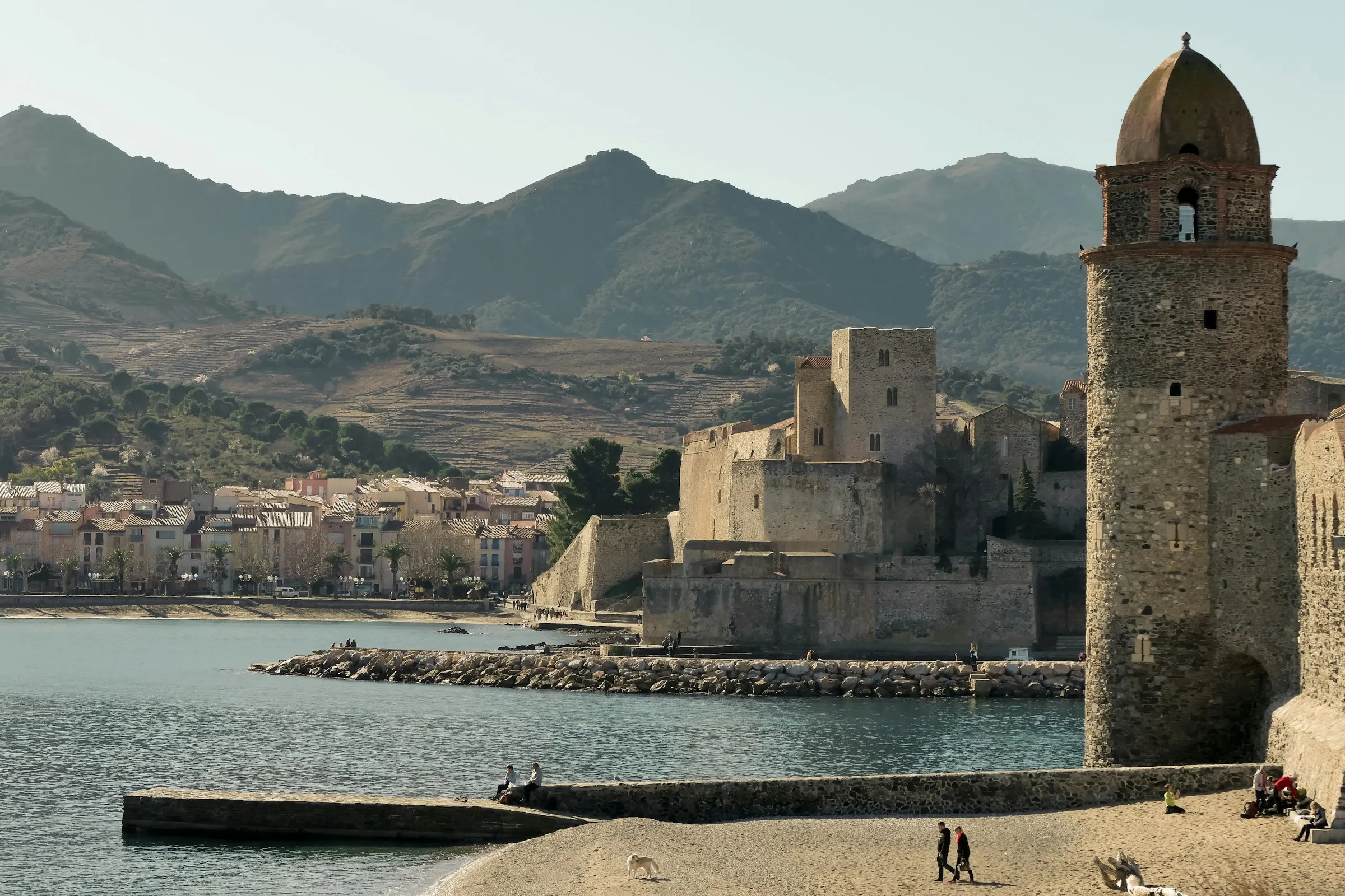 Collioure's bay in warm afternoon light, the round pink-domed bell tower of Notre-Dame-des-Anges and the medieval Chateau Royal rising above a pebble beach, backed by the Albera foothills