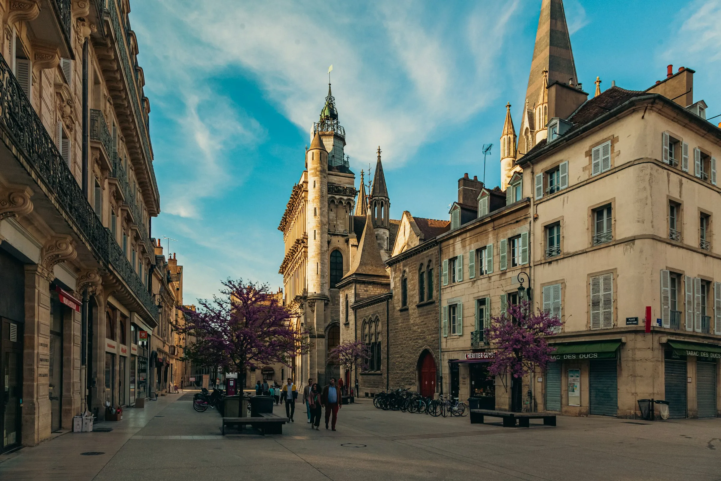 Sunlit pedestrian square in Dijon's old town, the Gothic tower and spire of Notre-Dame de Dijon above pale stone shopfronts, blossom trees and strollers