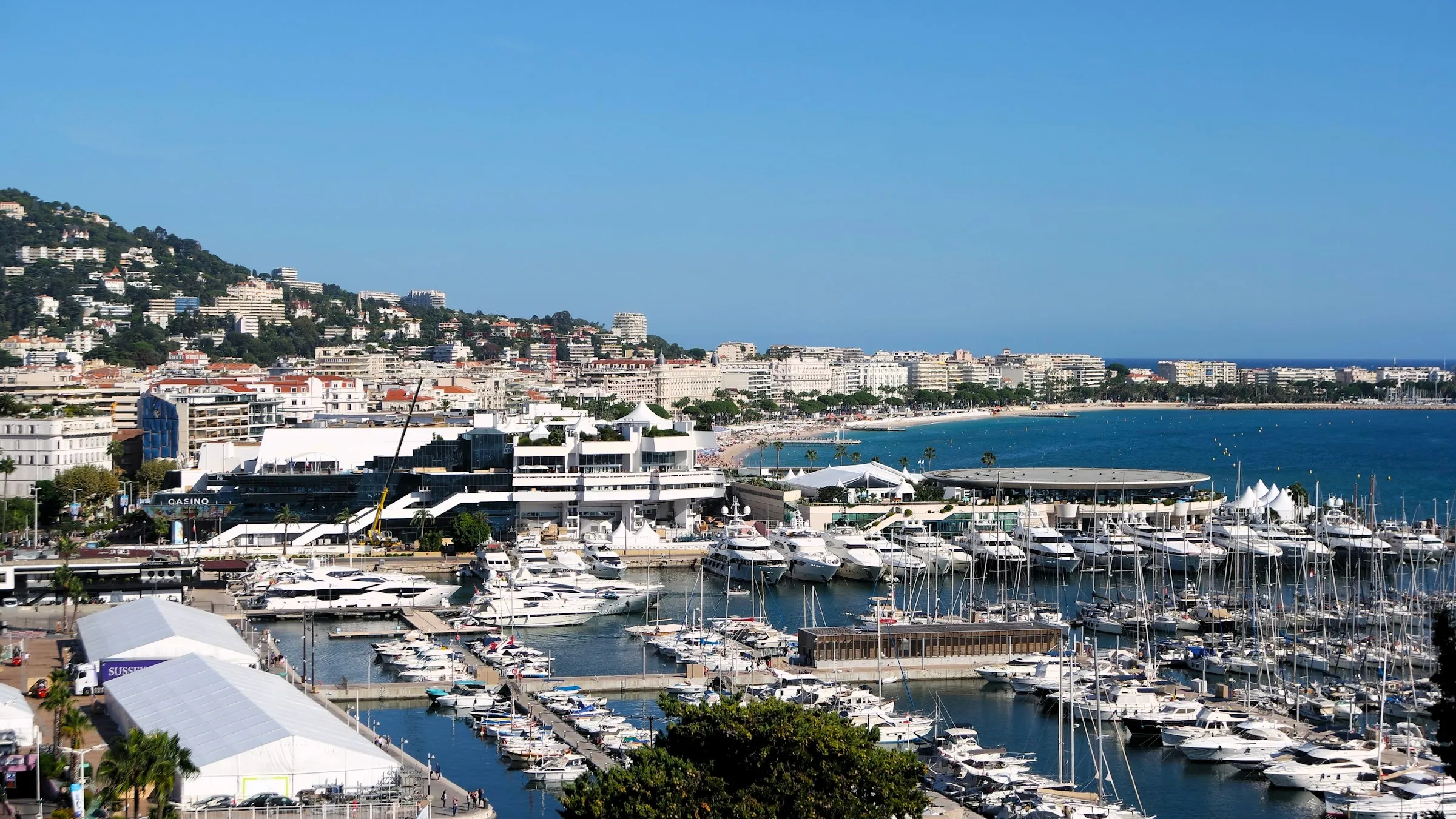 Sunlit panorama of the bay of Cannes under a clear blue sky — the white Palais des Festivals and Casino above a marina packed with yachts, with La Croisette beach curving along the Mediterranean toward wooded hills.