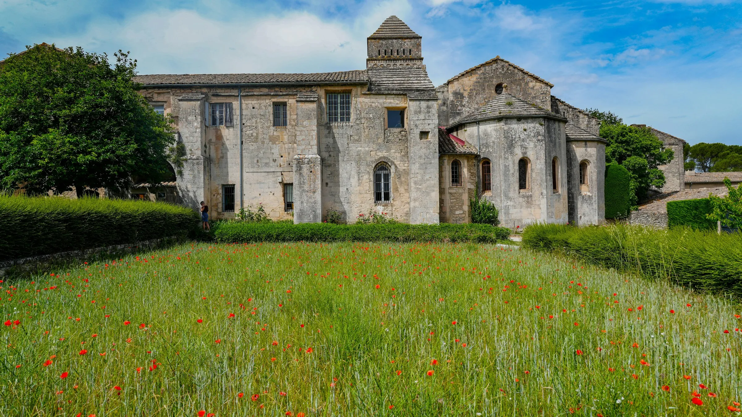 The Romanesque bell-tower and stone cloister of the Saint-Paul-de-Mausole monastery — Van Gogh's asylum — rising above a meadow of red poppies under a blue Provencal sky in Saint-Remy-de-Provence.